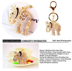 Detail showing 5.1x5cm rhinestone elephant keychain with zinc alloy measurements