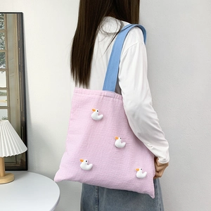 Pink checkered canvas tote bag featuring cute 3D duck dolls and blue shoulder straps