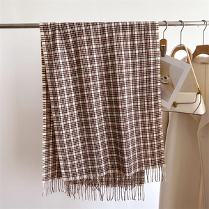 Detailed view of plaid scarf with tassels hanging on a rack in a fashion setting