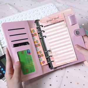 Interior detail of pink PU leather A6 binder with 6-ring clips and budget sheet insert