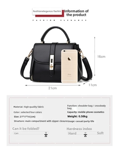 Detailed view of black premium leather bag size compared with an iPhone 6 smartphone