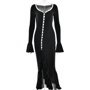 Elegant black long-sleeved midi dress with white button trim and ruffled hem for women