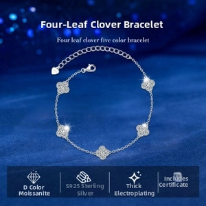 Detail of S925 sterling silver five-clover bracelet with moissanite pavé settings