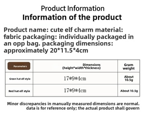 Detailed size chart showing dimensions and weight for the cute fabric elf hanging ornaments