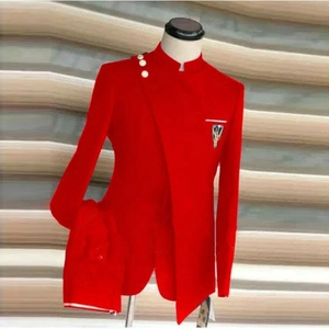 Men's plus size red suit set with mandarin collar and side buttons for formal banquets