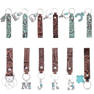 Retro Western Embossed Leather Keychain Alloy Letter Charm Synthetic Turquoise Vintage Bohemian Accessory