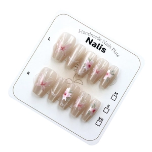 Cat eye butterfly press-on nails with pink jelly base and elegant floral hand-painted art