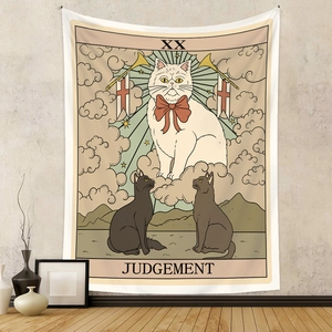 Detail of bohemian cat tarot wall tapestry featuring the Judgement card in home setting