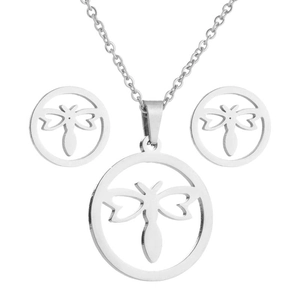 Silver stainless steel jewelry set featuring hollow dragonfly round pendants and earrings