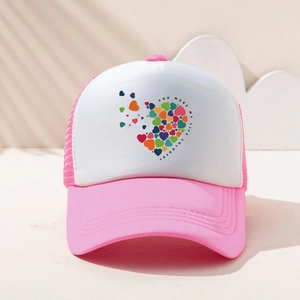 Pink and white mesh trucker hat featuring colorful heart print and decorative slogan