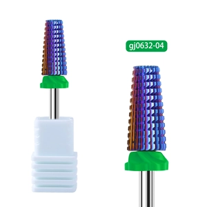 Detailed macro view of 5-in-1 rainbow alloy nail drill bit with green identification ring