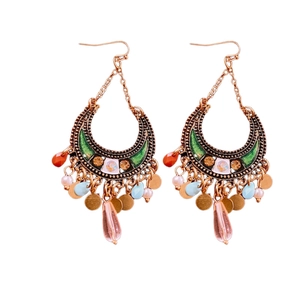 Vintage bohemian moon tassel earrings in bronze gold with emerald enamel and teardrop resin