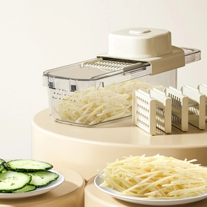 Multifunctional Vegetable Slicer With Interchangeable Stainless Steel Blades Hand Guard Transparent Container Slicing Shredding Kitchen Gadget