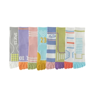 Set of colorful five-toe sports socks in eight colors shown on a clean white background