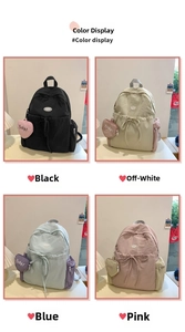 Collection of lightweight nylon backpacks in black, off-white, blue, and pink colors