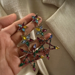 Rainbow star drop earrings with colorful crystals and gold-plated star charms