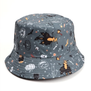 Detail of grey Halloween bucket hat featuring pumpkin, ghost and skull prints