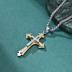 Retro multi-layer stainless steel cross pendant necklace with gold inlay and stones