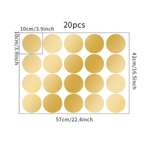 Detailed sheet showing 20pcs gold circular wall decals with 10cm diameter measurements