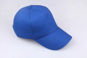 Close-up of four parallel stitch lines on blue cotton baseball cap brim with fabric texture