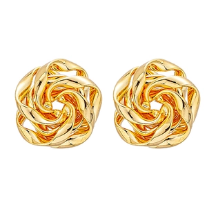 Elegant gold twisted knot flower earrings with a metallic finish on a white background