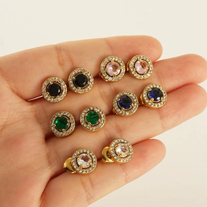 Five pairs of round 18K gold-plated halo stud earrings with colorful zircon gemstones