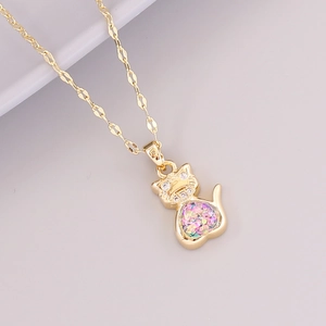 18K gold cat pendant necklace featuring colorful gemstones and crystal accents on white background