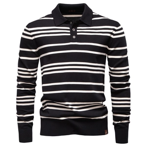 Detailed close-up of a men's black and white striped knitted polo sweater with buttons