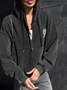 Charcoal grey washed zip-up hoodie with vintage embroidery and street style design