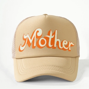 Classic khaki trucker hat with Mother typography and breathable mesh back panel