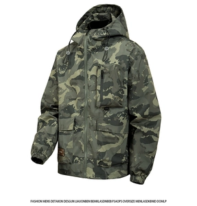 Detail of hooded camo jacket with adjustable drawstrings and functional front zippers