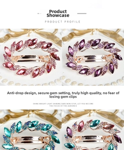 Detail view of oval hollow crystal hair clips in pink, purple, green and colorful sets