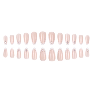 Almond press on nails with pink base, white V-shape French tips and rhinestone accents