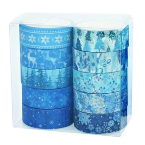 Blue winter washi tape set with 10 rolls of snowflakes and reindeer in a clear box