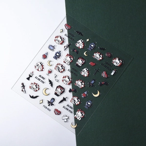 Gothic nail art stickers with fox, cross, and coffin motifs in red and black