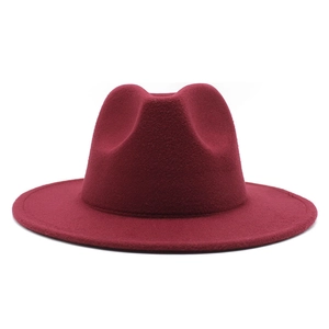 Detailed front view of a wine red felt fedora hat with wide brim and classic crown