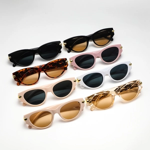 Retro cat-eye sunglasses with wide temples and gold metal accents in various colors