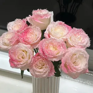 Pink gradient frosted roses with artificial crystal snow in a white ceramic vase