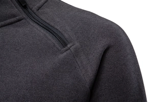 Macro view of diagonal zipper detail and dark grey fleece fabric on men's sweatshirt