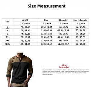 Detailed size chart for men's vintage color block Henley shirt with sleeve measurements