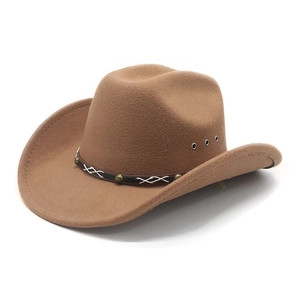Brown wool felt western cowboy hat with metal eyelets and decorative braided band