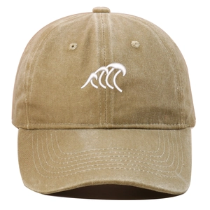 Vintage washed khaki baseball cap with white wave embroidery on front view