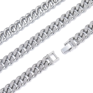 Iced out silver Cuban link chain necklace with sparkling rhinestones and square clasp