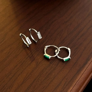 S925 sterling silver hoop earrings set with green and white rectangular gemstones