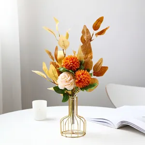 Nordic artificial cream roses in a modern gold metal glass vase for home table decor