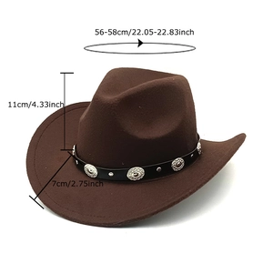 Brown wool felt western cowboy hat with retro silver conchos and dimensions display