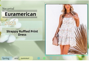 Detail of floral print mini dress featuring ruffled hemline and spaghetti straps