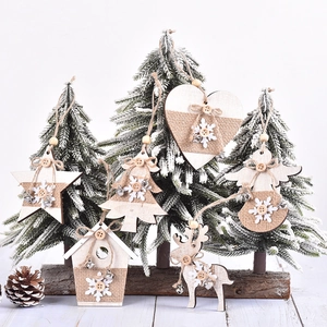 Christmas Hanging Ornaments Wooden Reindeer Star Angel Tree Snowflake Decor With Linen And Metal Bells Rustic Holiday