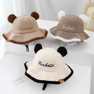 Toddler Baby Bucket Hat Corduroy Faux Fur Panda Ears Warm Winter Adjustable Windproof Cute Cartoon