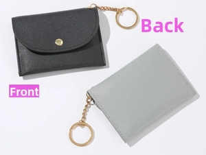 Front and back view of PU leather coin purse with gold snap and keychain
